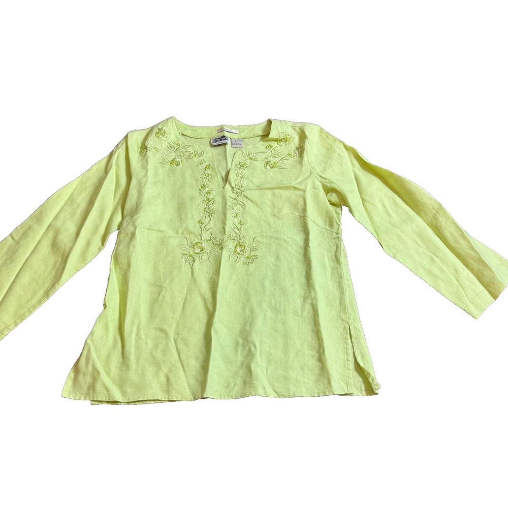 Edward 100% Irish‎ Linen Embroidered Floral Tunic Top Lime Green S READ